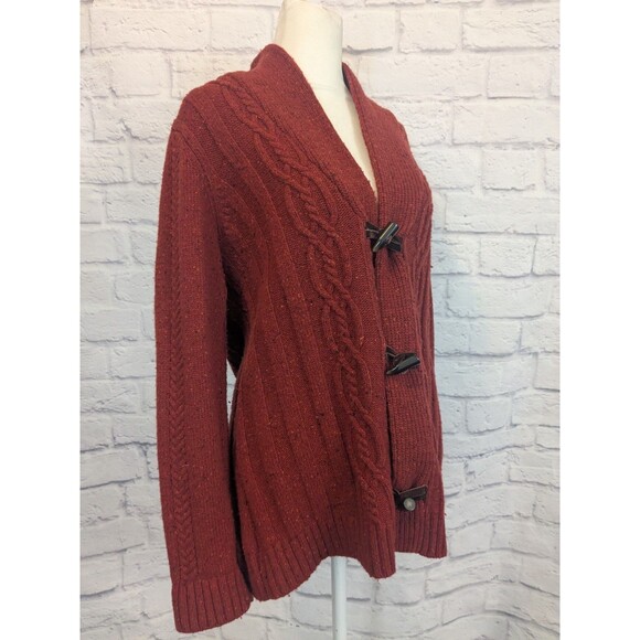 Coldwater Creek Cable Knit Cardigan Toggle buttons Wool Blend Deep Red Size L/14 - Picture 3 of 7
